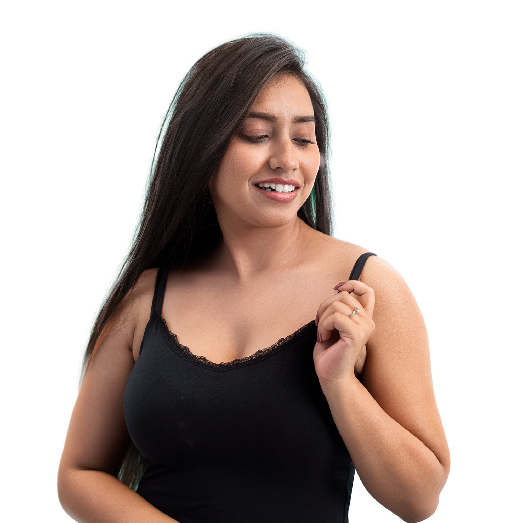 Woman wearing a black Charmella Camisole