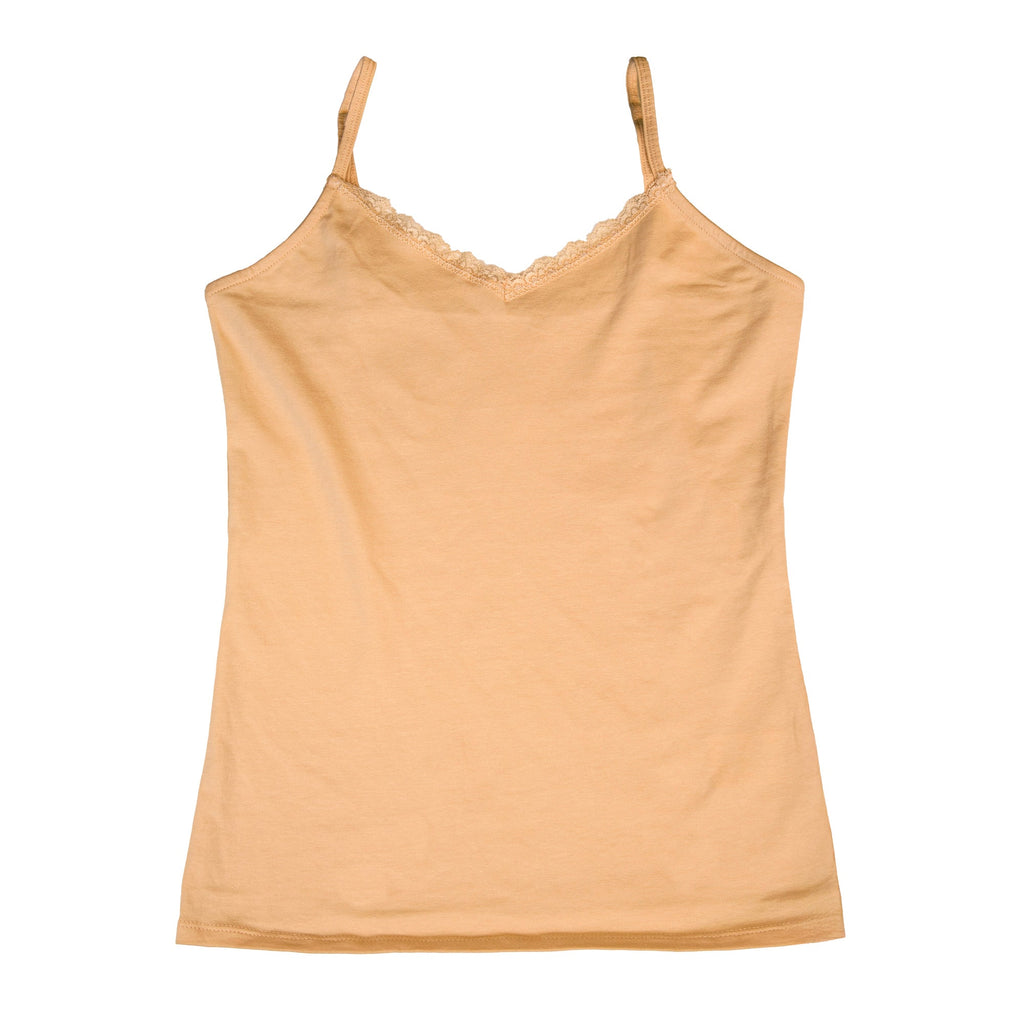 Beige camisole with lace trim on a white background
