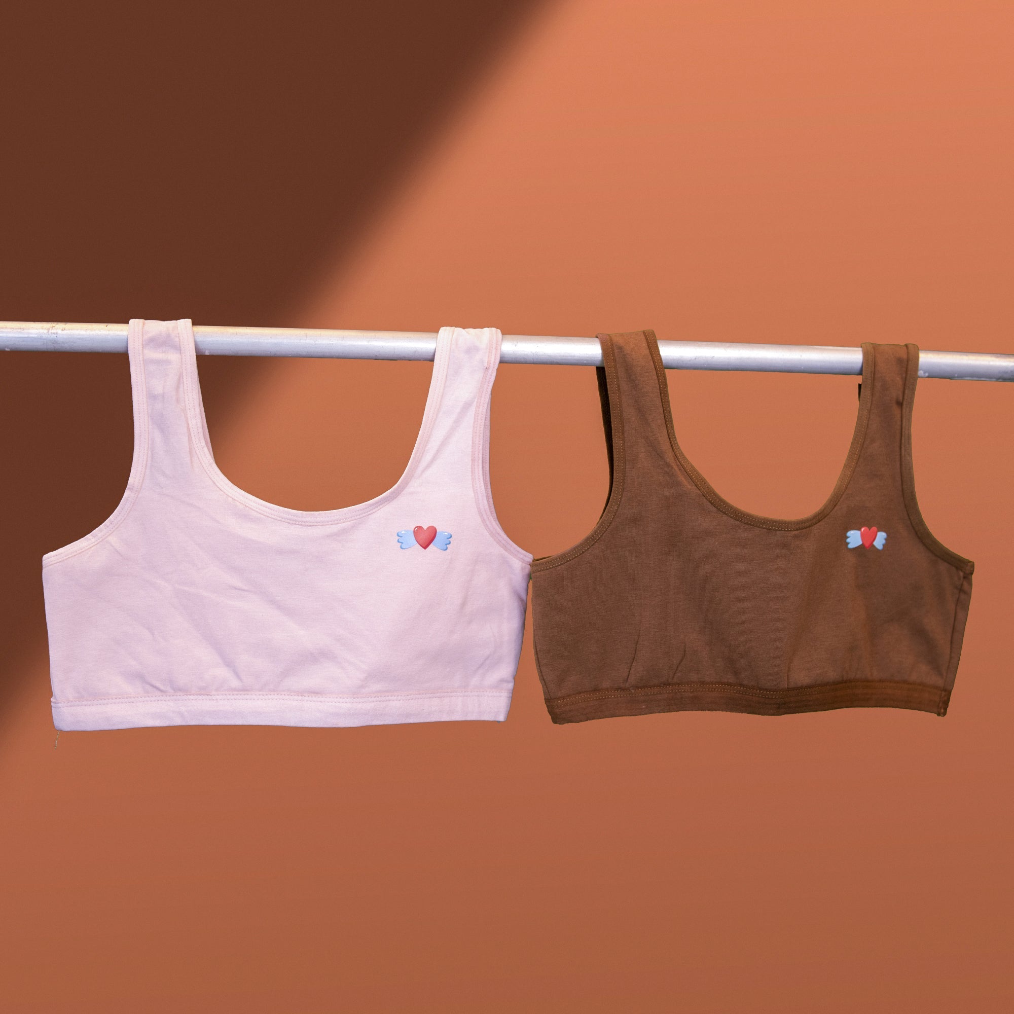 Two Charmella Slip-On Bras, hanging on a rod against a brown background.