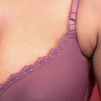 Close-up of a purple lace-trimmed Charmella T-Shirt Bra