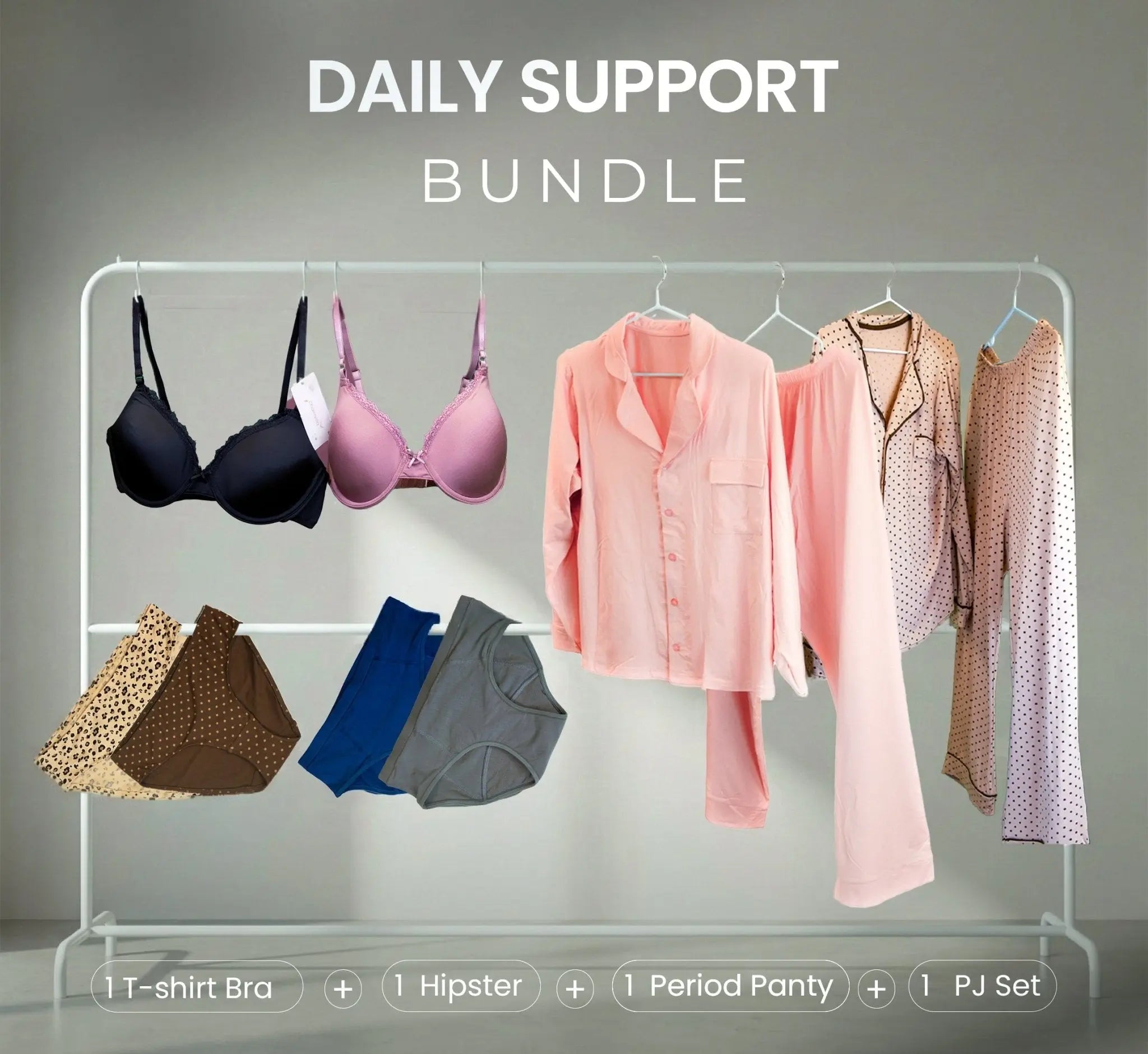 Clothing bundle with shirts, bra, pants, and bags on a rack.